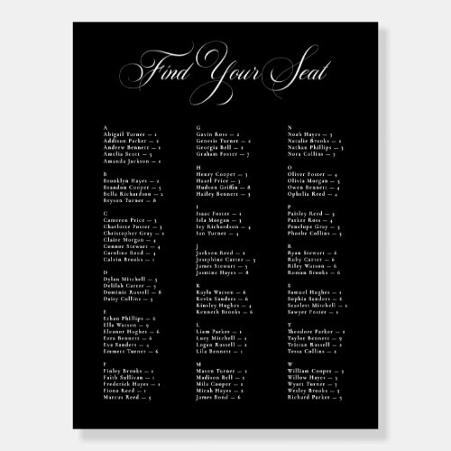 Ivory Black Alphabetical Wedding Seating Chart Foam Board