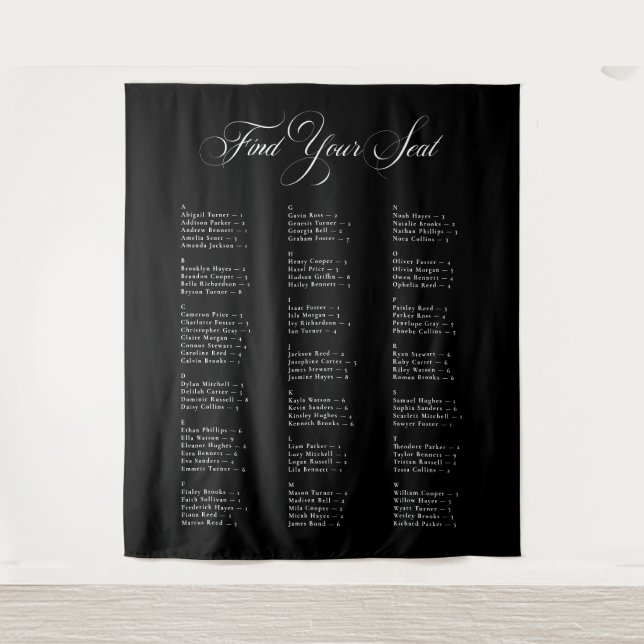 Ivory Black Alphabetical Wedding Seating Chart Tapestry (Front)