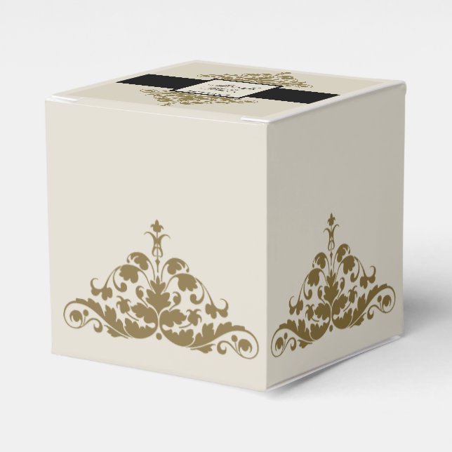 Ivory Black and Gold Damask Wedding Favor Box (Front Side)