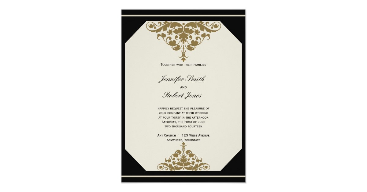 Ivory Black and Gold Damask Wedding Invitation | Zazzle