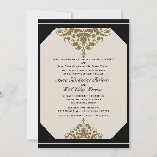 Ivory Black and Gold Damask Wedding Invitation