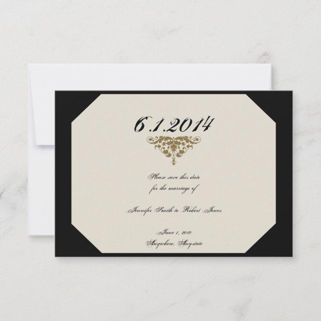 Ivory Black and Gold Damask Wedding Save the Date (Front)
