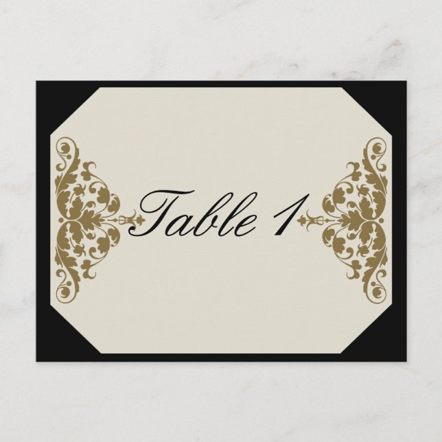 Ivory Black and Gold Damask Wedding Table Number (Front)