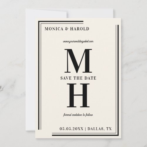 Ivory  Black Big Bold Monogram Stylish Elegant   Save The Date