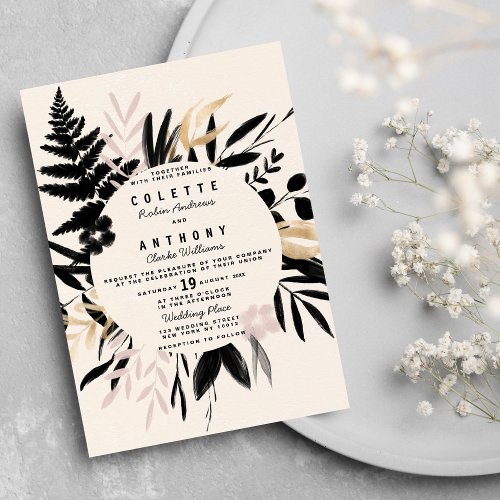 Ivory black blush pink gold floral Wedding Invitation