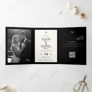 Ivory black classic old money photo wedding Tri-Fold invitation