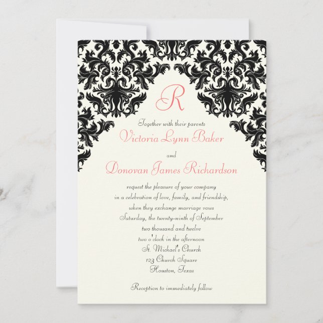 Ivory, Black, Coral Damask Monogrammed Invite (Front)