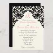Ivory, Black, Coral Damask Monogrammed Invite (Front/Back)