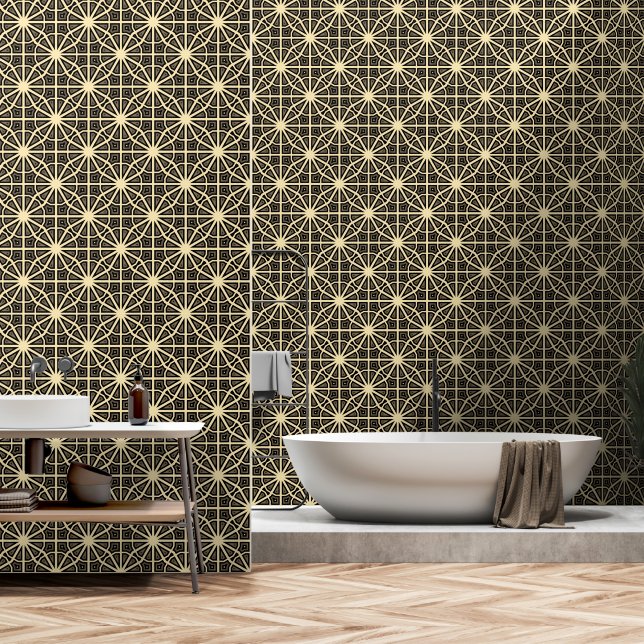    Ivory & Black Geometric Modern Classy Chic Deco Wallpaper (Bathroom)
