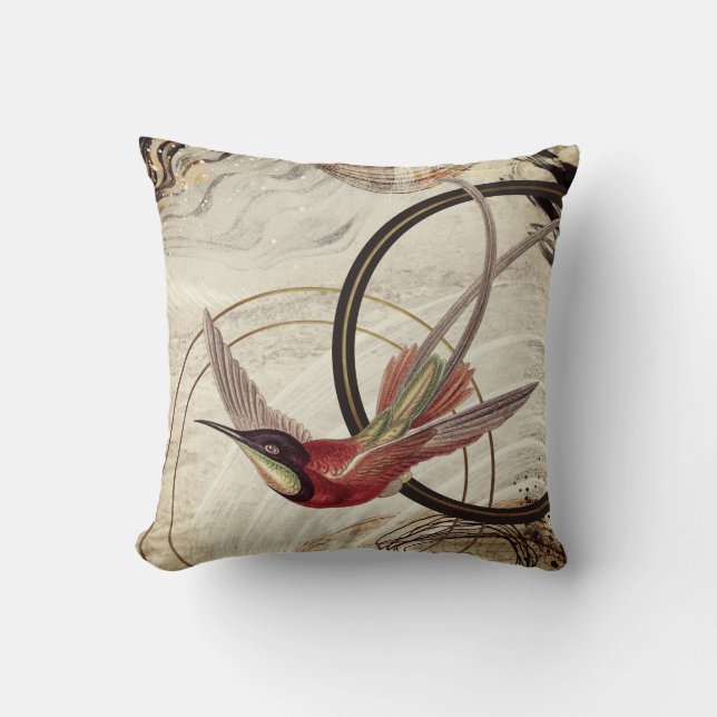 Ivory Black & Gold Artistic Hummingbird Throw Pillow (Front)
