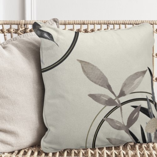Ivory Black  Gold Minimalist Watercolor Leaves Throw Pillow