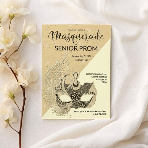 Ivory Black Gold Sparkle Glitter Masquerade Prom Invitation
