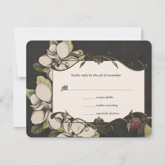 Ivory Black Green Copper Magnolia Wedding RSVP (Front)