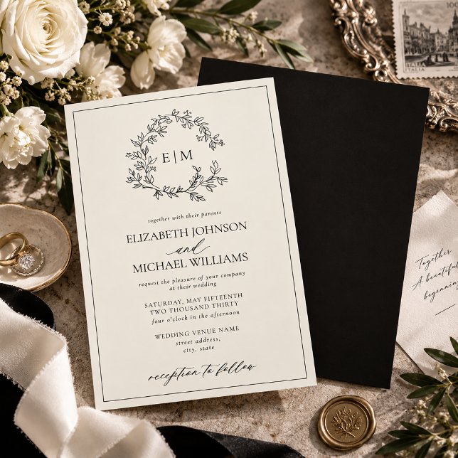 Ivory Black Leafy Crest Monogram Wedding Invitation (Creator Uploaded)