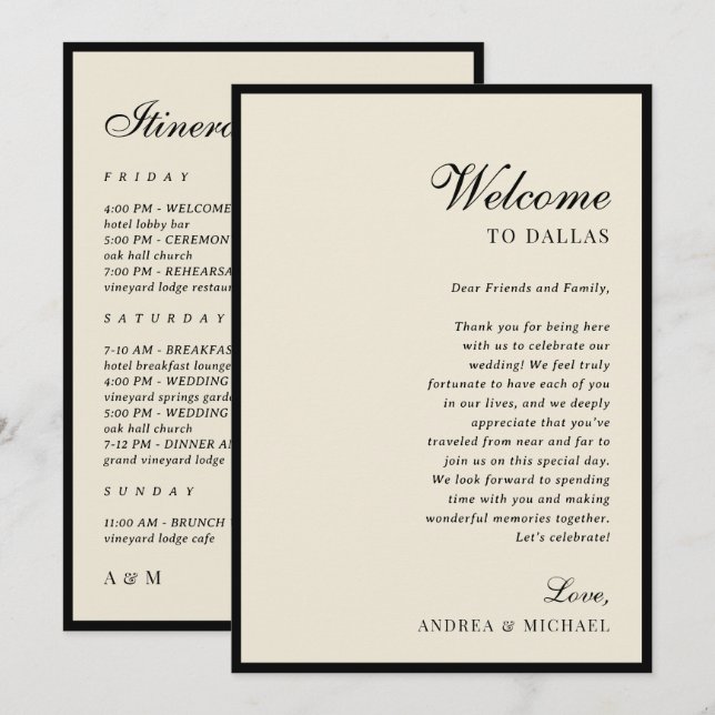 Ivory & Black Old Money Wedding Itinerary Card (Front/Back)