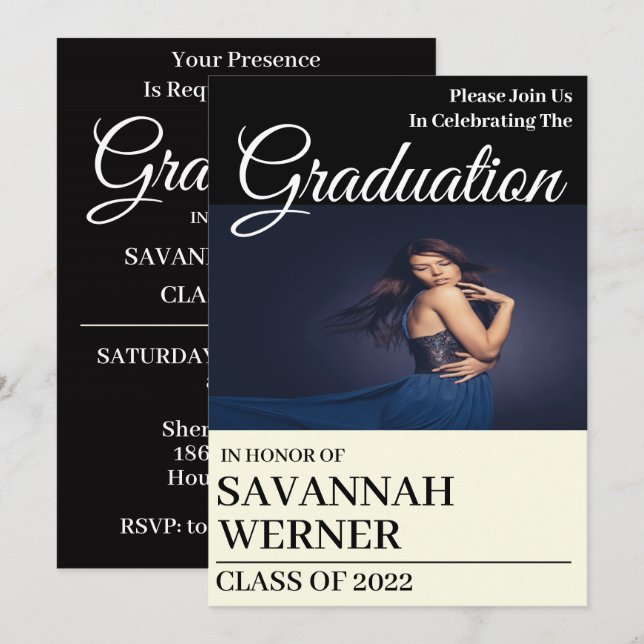 Ivory & Black Photo Graduation Party Invitation (Front/Back)