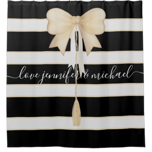 Ivory Black Ribbon Newly Weds Elegant Stripes Shower Curtain