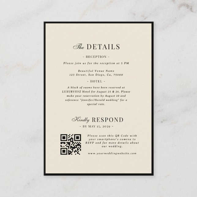 Ivory & Black Wedding Website Details QR Code Rsvp Enclosure Card (Front)