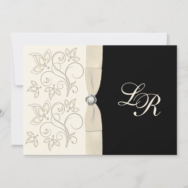 Ivory, Black with Pearl Love Knot Invite (Front)