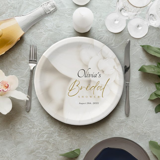 Ivory Bloom & Elegant Gold Script Bridal Shower Paper Plates (Creator Uploaded)