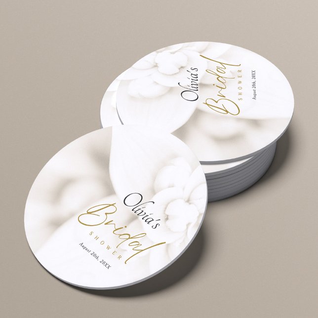 Ivory Bloom & Elegant Gold Script Bridal Shower Round Paper Coaster (Creator Uploaded)