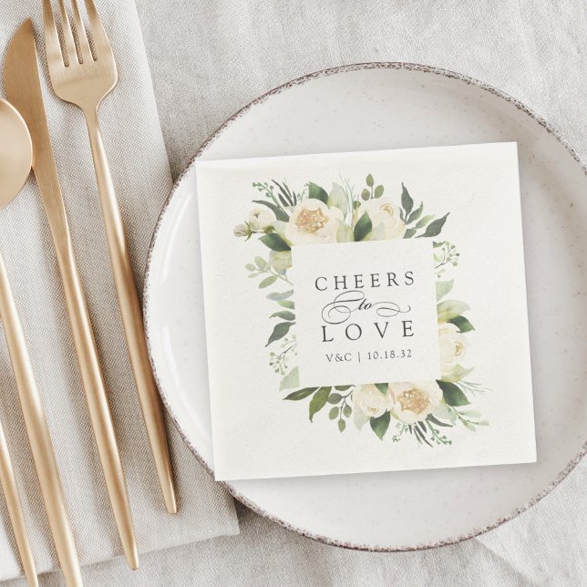 Ivory Bloom Floral Frame "Cheers to Love" Wedding Napkins (Creator Uploaded)
