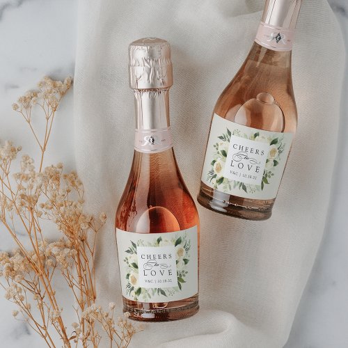 Ivory Bloom Floral Frame Cheers to Love Wedding Sparkling Wine Label