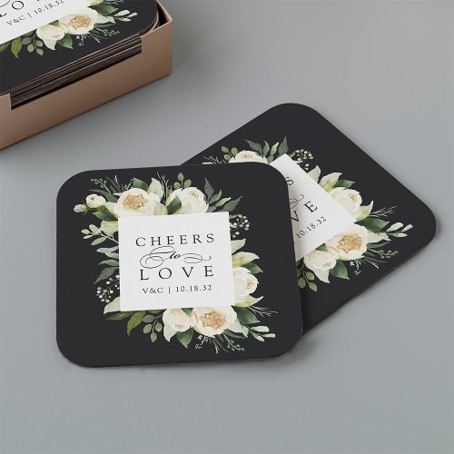 Ivory Bloom Floral Frame Cheers to Love Wedding Square Paper Coaster