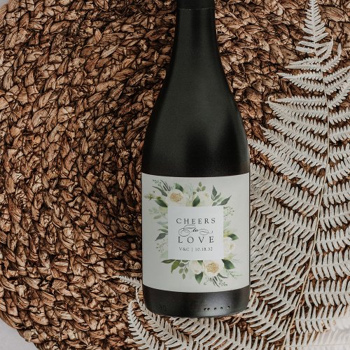 Ivory Bloom Floral Frame Cheers to Love Wedding Wine Label