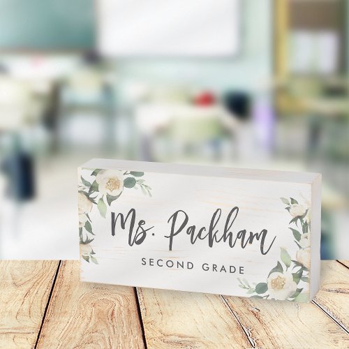 Ivory Bloom Floral Teacher Name Classroom Wooden Box Sign