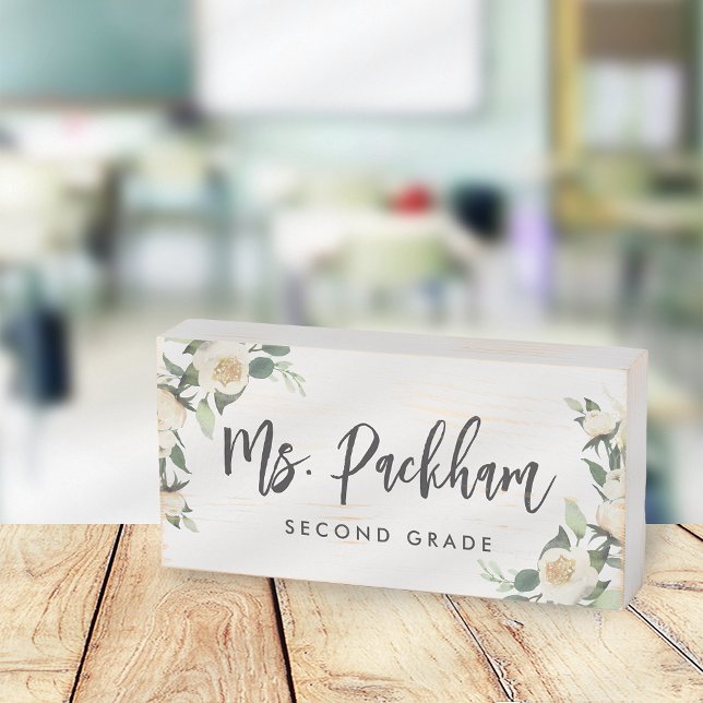 Ivory Bloom Floral Teacher Name Classroom Wooden Box Sign (Creator Uploaded)