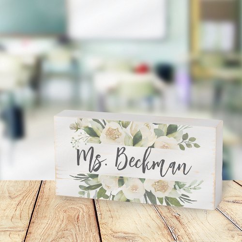 Ivory Bloom Floral Teacher Name Classroom Wooden Box Sign