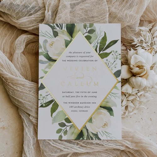 Ivory Bloom  Geometric Floral Frame Wedding Foil Invitation