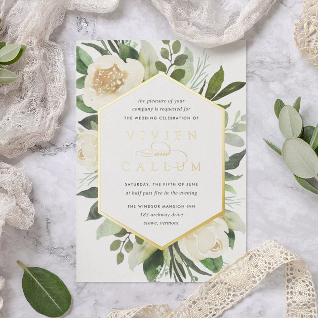 Ivory Bloom | Geometric Floral Frame Wedding Foil Invitation (Creator Uploaded)