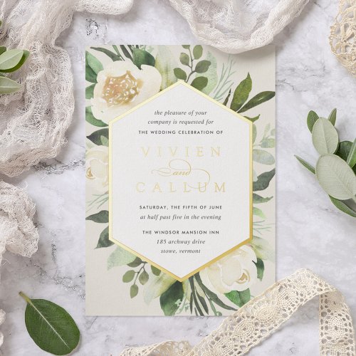 Ivory Bloom  Geometric Floral Frame Wedding Foil Invitation