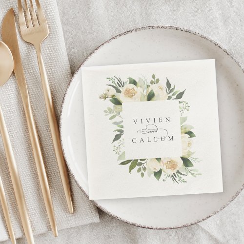 Ivory Bloom  Personalized Floral Frame Wedding Napkins