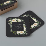 Ivory Bloom | Personalized Floral Frame Wedding Square Paper Coaster<br><div class="desc">Our Ivory Bloom watercolor floral wedding collection features delicately painted watercolor greenery,  eucalyptus foliage,  green botanical foliage and white and ivory peony flowers. Personalize these custom coasters with your names,  joined by a decorative script accent.</div>