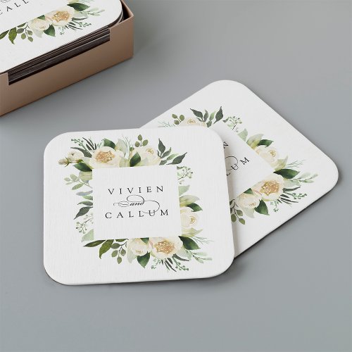 Ivory Bloom  Personalized Floral Frame Wedding Square Paper Coaster