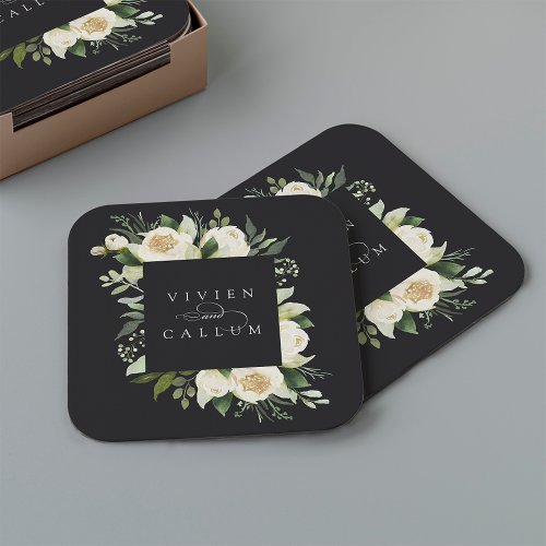 Ivory Bloom  Personalized Floral Frame Wedding Square Paper Coaster