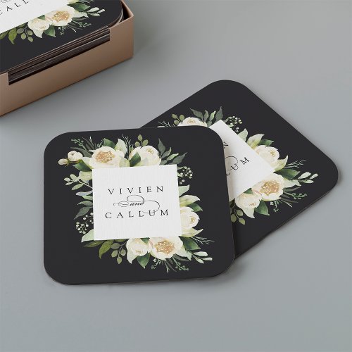 Ivory Bloom  Personalized Floral Frame Wedding Square Paper Coaster