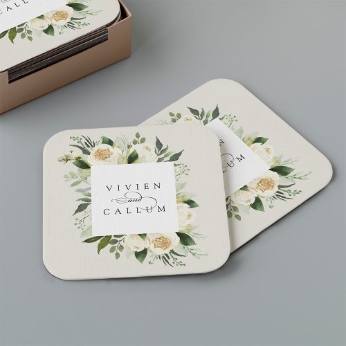 Ivory Bloom  Personalized Floral Frame Wedding Square Paper Coaster