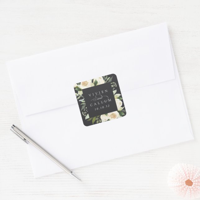 Ivory Bloom | Personalized Floral Frame Wedding Square Sticker (Envelope)