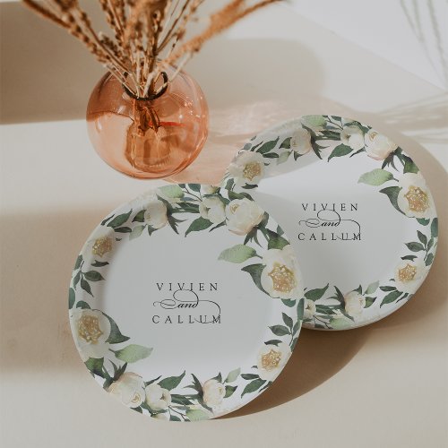 Ivory Bloom  Personalized Floral Wreath Wedding Paper Plates