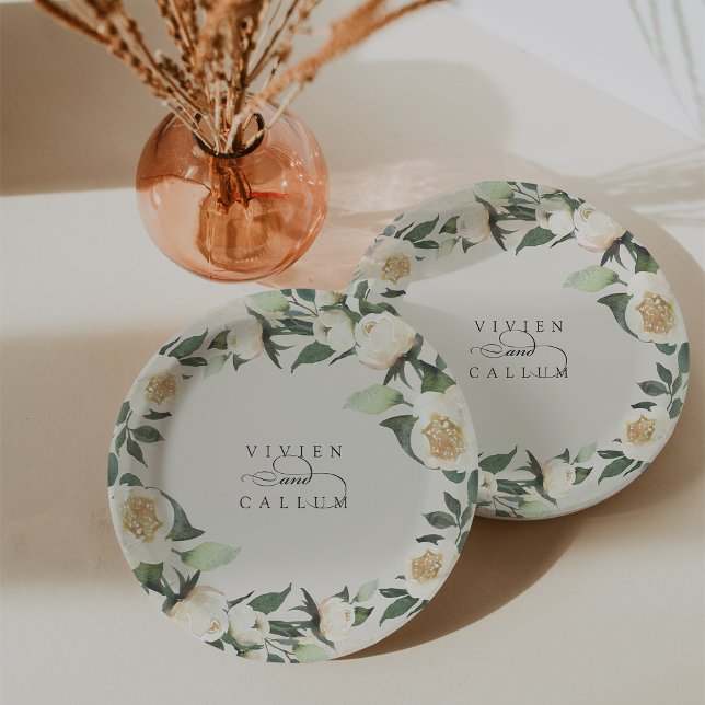 Ivory Bloom | Personalized Floral Wreath Wedding Paper Plates (Creator Uploaded)