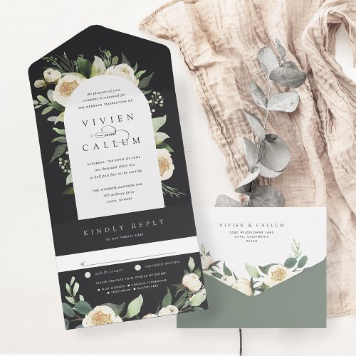 Ivory Bloom  Watercolor Floral Arch Wedding All In One Invitation