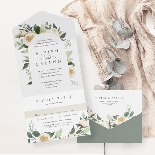 Ivory Bloom  Watercolor Floral Arch Wedding All In One Invitation