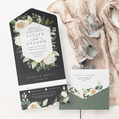 Ivory Bloom  Watercolor Floral Frame Wedding All In One Invitation