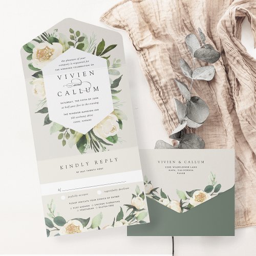 Ivory Bloom  Watercolor Floral Frame Wedding All In One Invitation