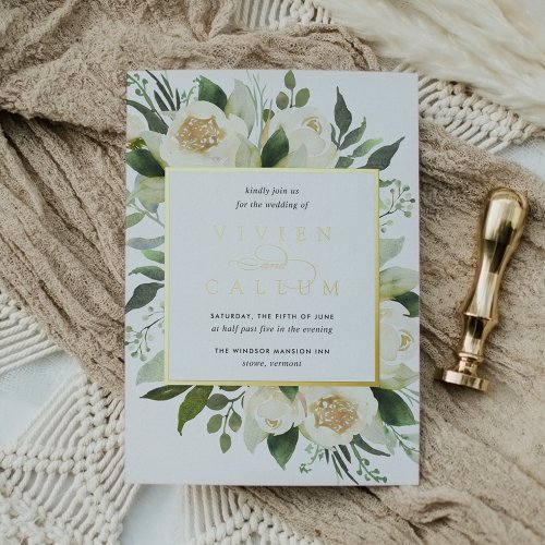 Ivory Bloom  Watercolor Floral Frame Wedding Foil Invitation