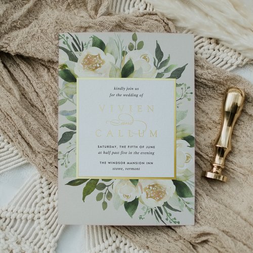 Ivory Bloom  Watercolor Floral Frame Wedding Foil Invitation